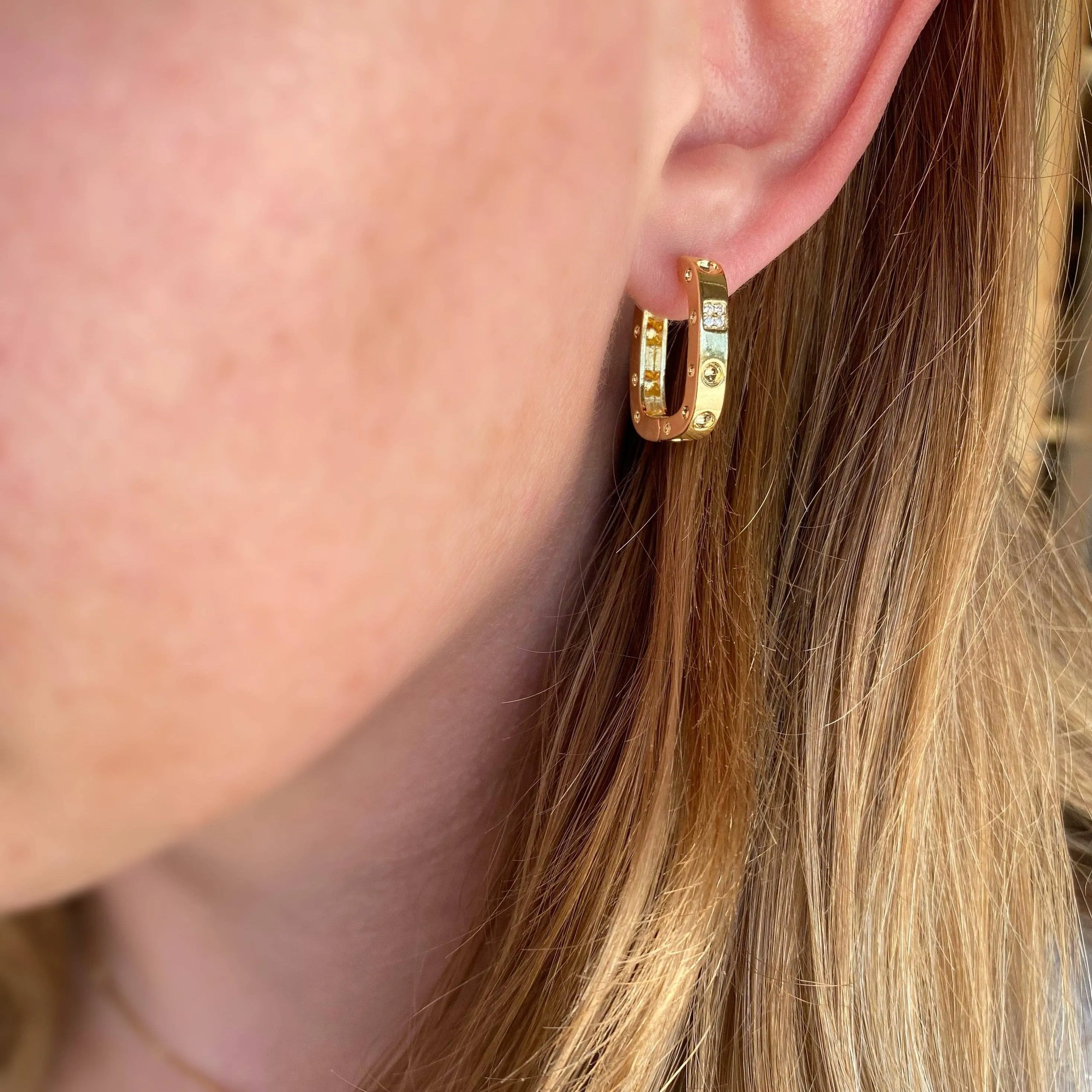 18k Gold Filled Medium Rectangular Clicker Hoop Earrings Wit