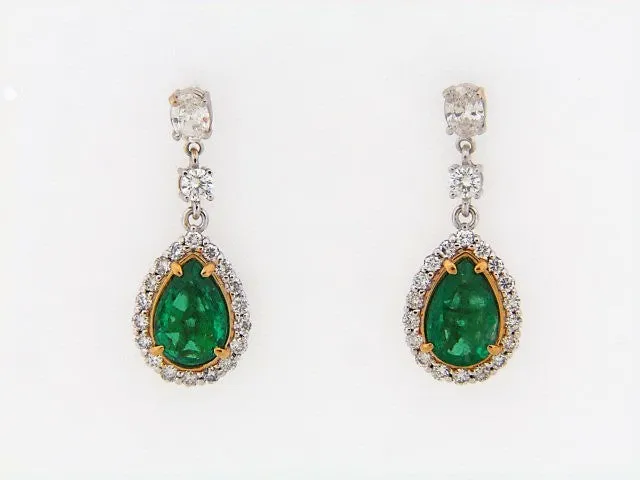18K-WG YG EMERALD AND DIAMOND DANGLE EARRINGS