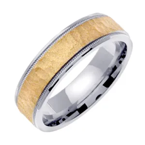 18K White/Yellow or White/Rose Hammer Finish Milgrain Edge Ring