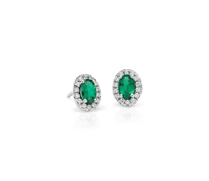 18kt White Gold Oval Emerald Earrings with Diamond Halo