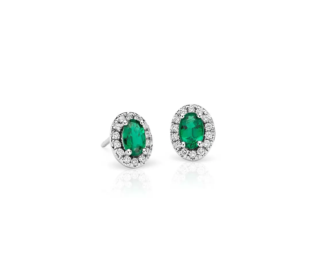 18kt White Gold Oval Emerald Earrings with Diamond Halo