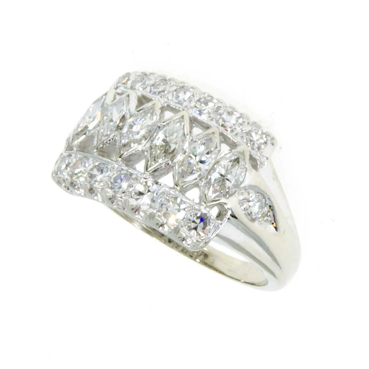 1950s Marquise & Round Diamond 3 Row Band Ring