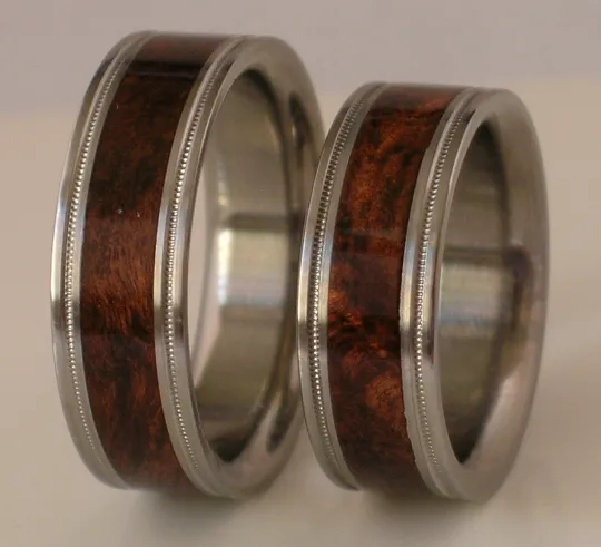 2 Custom Made Titanium Wedding Bands Inlaid BROWN MAPLE BURL Wood Unique Milgrain Edge Design Commitment Rings