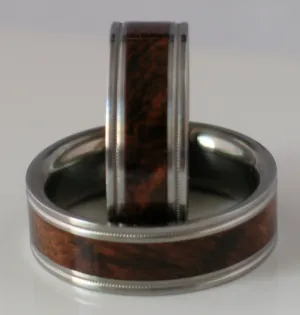 2 Custom Made Titanium Wedding Bands Inlaid BROWN MAPLE BURL Wood Unique Milgrain Edge Design Commitment Rings