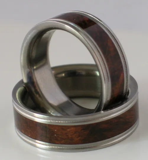 2 Custom Made Titanium Wedding Bands Inlaid BROWN MAPLE BURL Wood Unique Milgrain Edge Design Commitment Rings