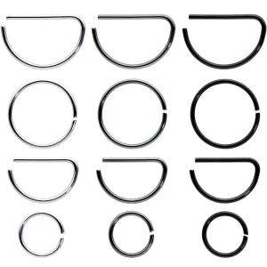 20 Gauge 12 Pack ASTM F-136 Implant Grade Titanium Nose Hoop D Shaped Septum Ring and Cartilage Ear Hoop Earring Set
