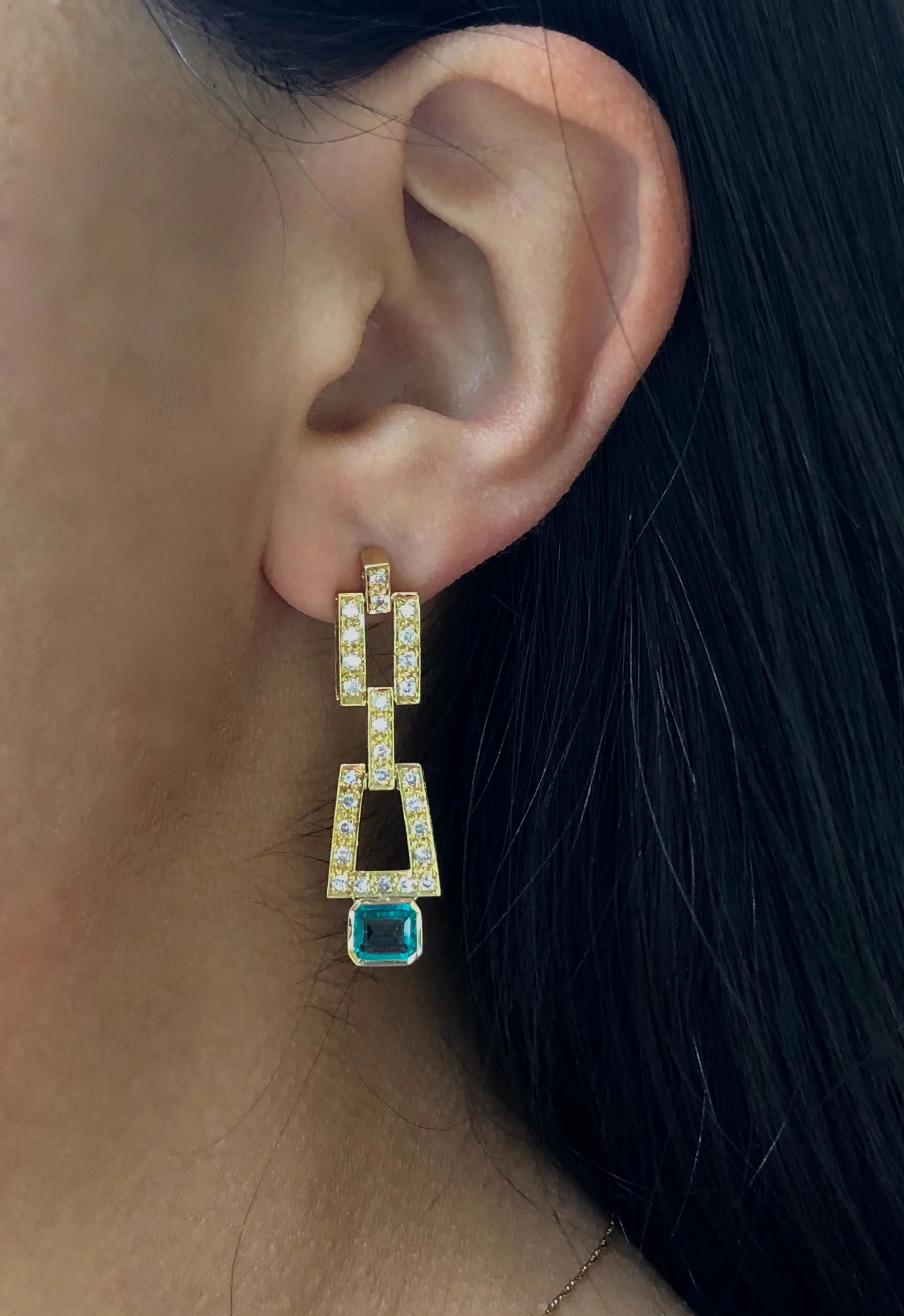 2.80 Carat Deco Style Natural Colombian Emerald Diamond Drop Earrings 18K