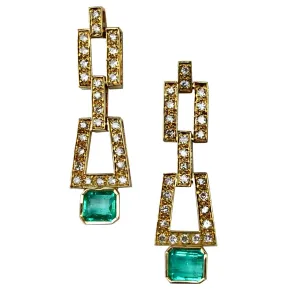 2.80 Carat Deco Style Natural Colombian Emerald Diamond Drop Earrings 18K