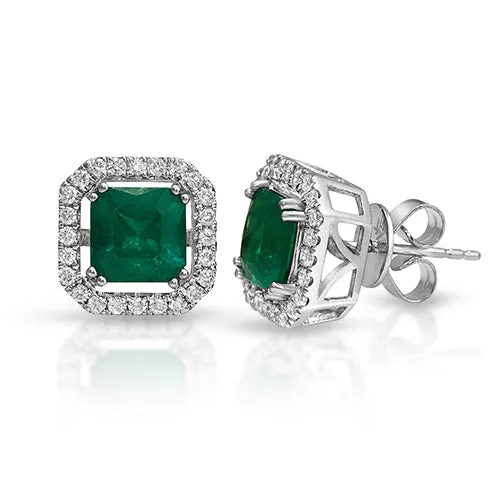 2.90tcw Octagon Emerald and Halo Diamond Stud Earrings 14k White Gold