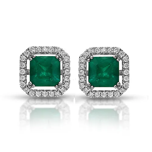 2.90tcw Octagon Emerald and Halo Diamond Stud Earrings 14k White Gold