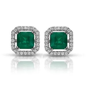 2.90tcw Octagon Emerald and Halo Diamond Stud Earrings 14k White Gold