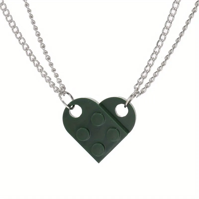 2pcs Matching Heart Building Block Pendant Necklaces