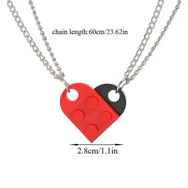2pcs Matching Heart Building Block Pendant Necklaces