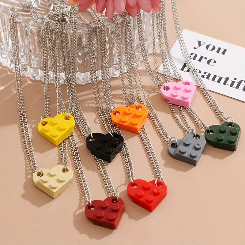 2pcs Matching Heart Building Block Pendant Necklaces