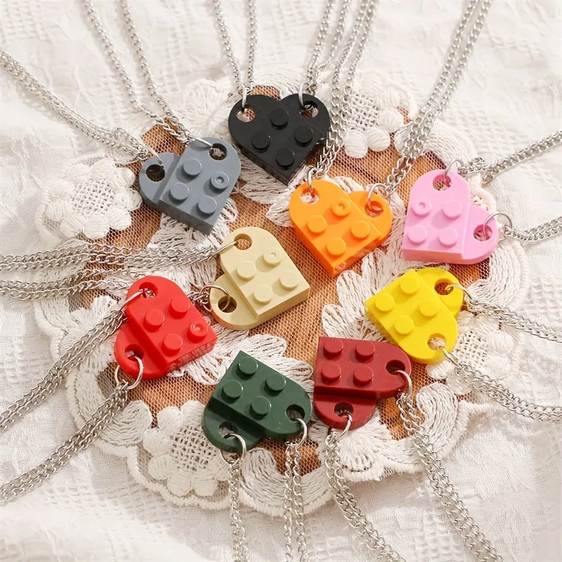 2pcs Matching Heart Building Block Pendant Necklaces