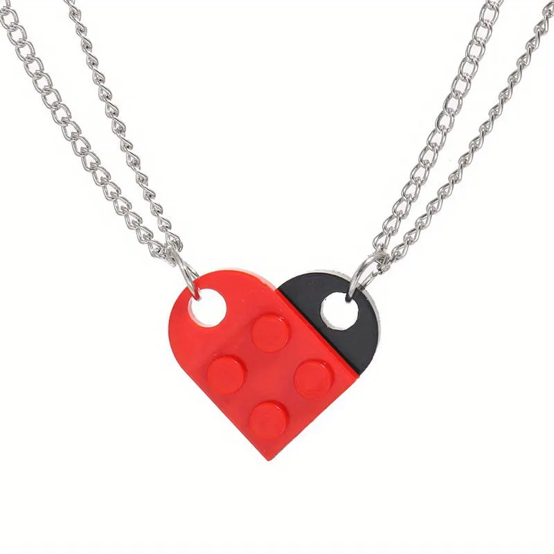 2pcs Matching Heart Building Block Pendant Necklaces