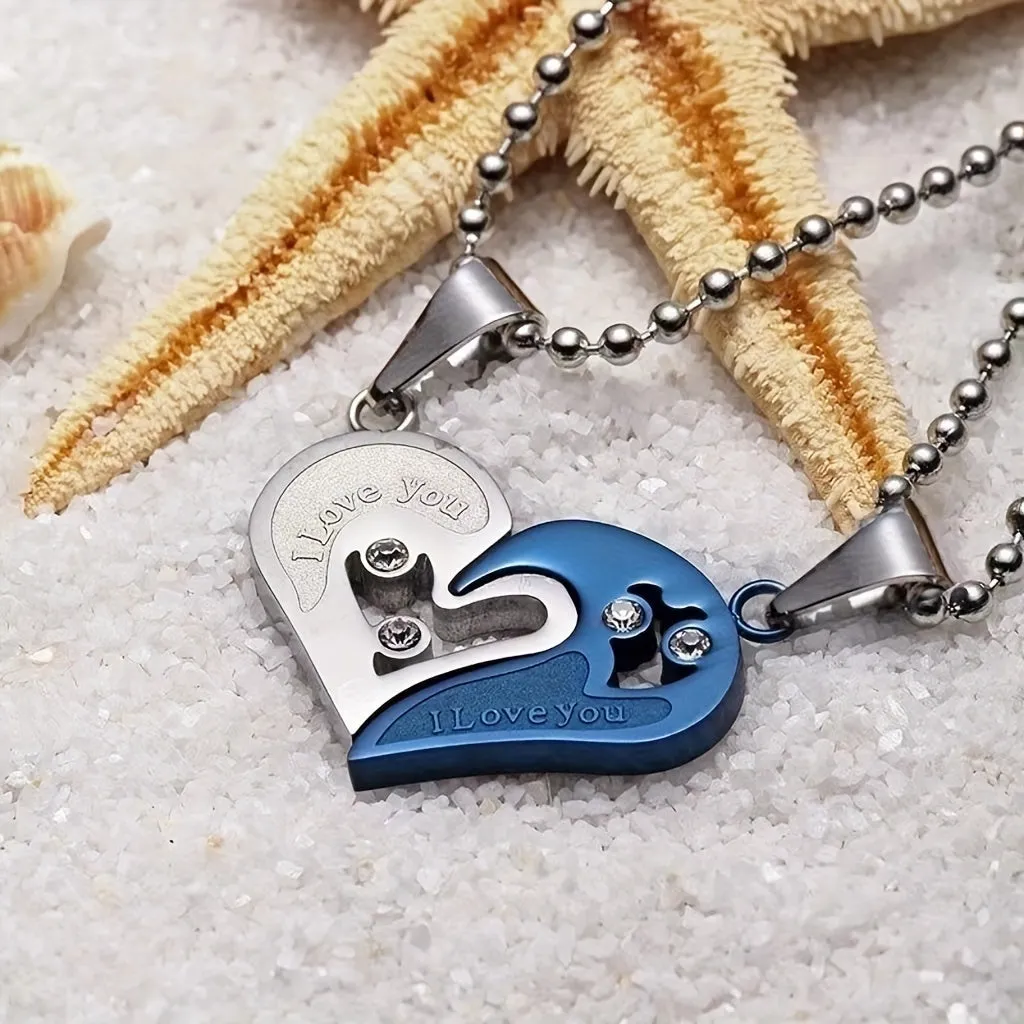 2Pcs Set Love Heart Necklaces for Couples