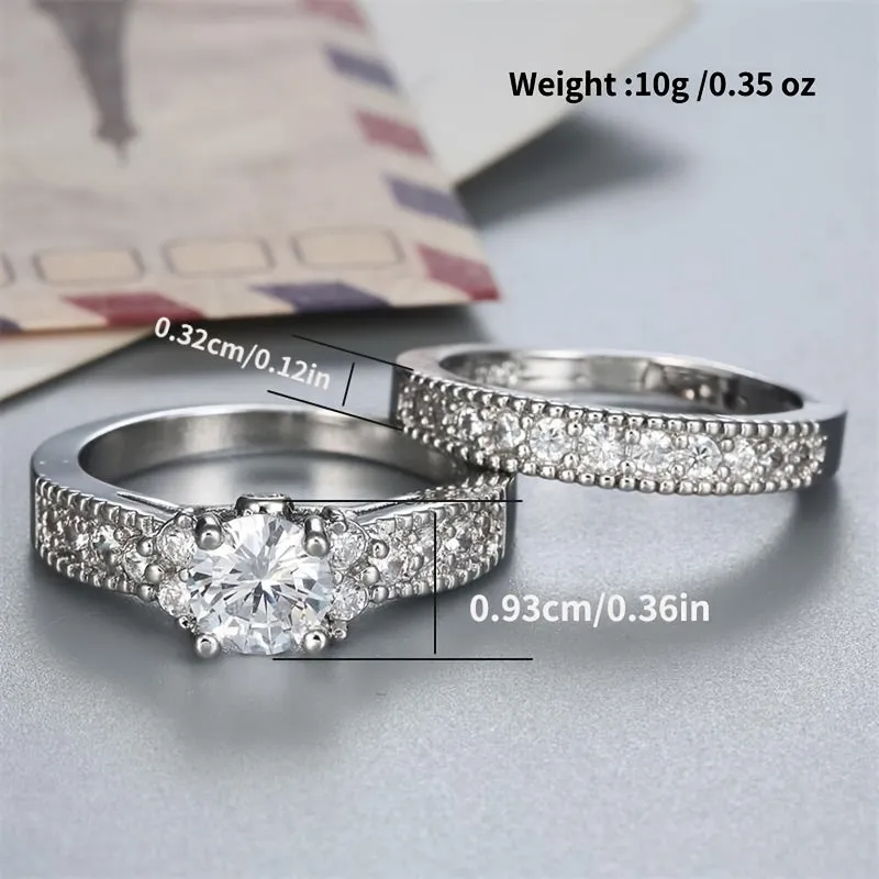 2pcs Silver CZ Engagement Rings for Her, Anniversary Bands