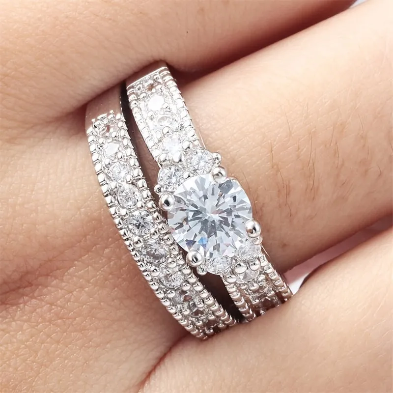 2pcs Silver CZ Engagement Rings for Her, Anniversary Bands