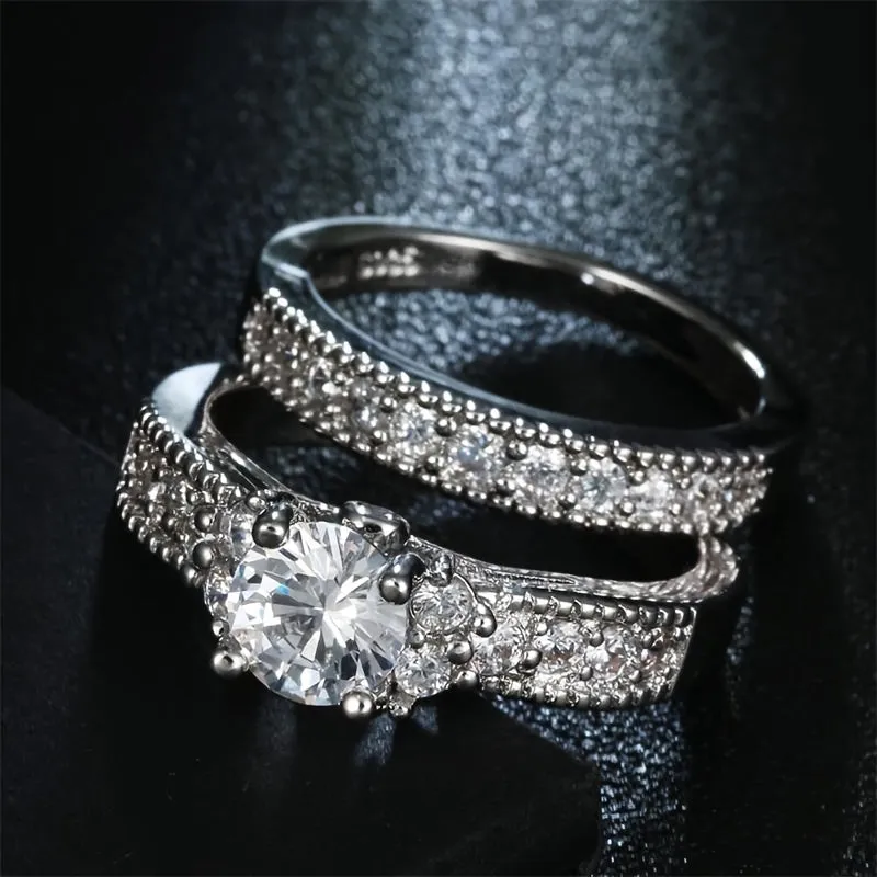 2pcs Silver CZ Engagement Rings for Her, Anniversary Bands