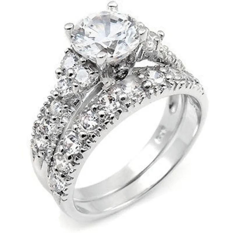 2pcs Silver CZ Engagement Rings for Her, Anniversary Bands