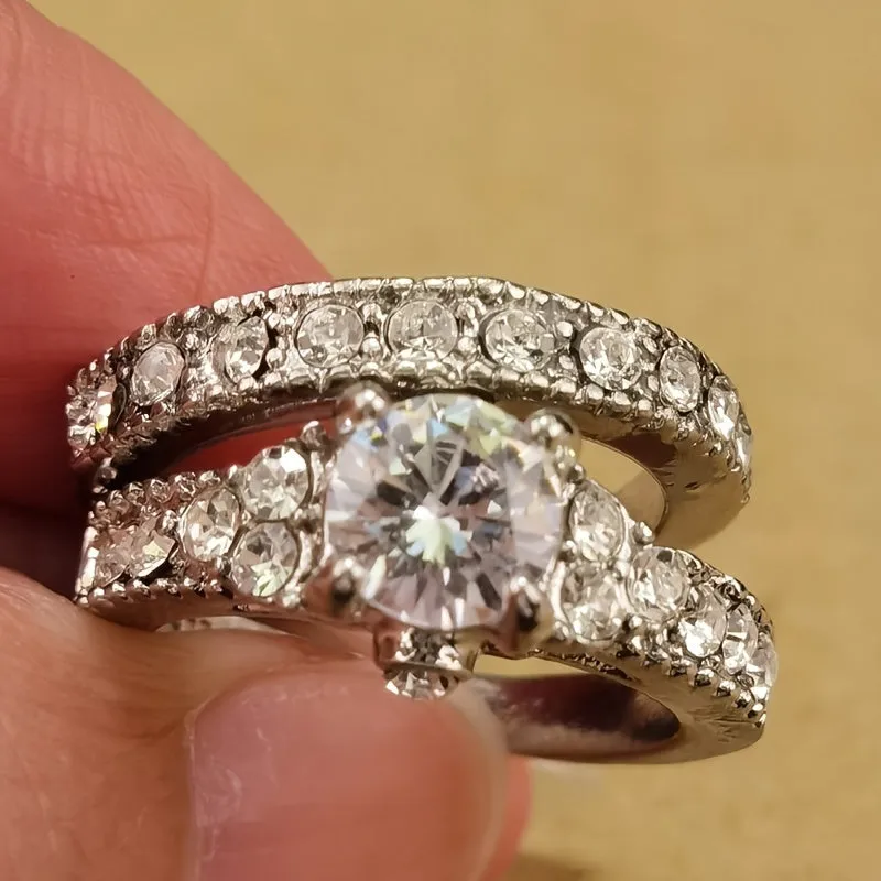 2pcs Silver CZ Engagement Rings for Her, Anniversary Bands