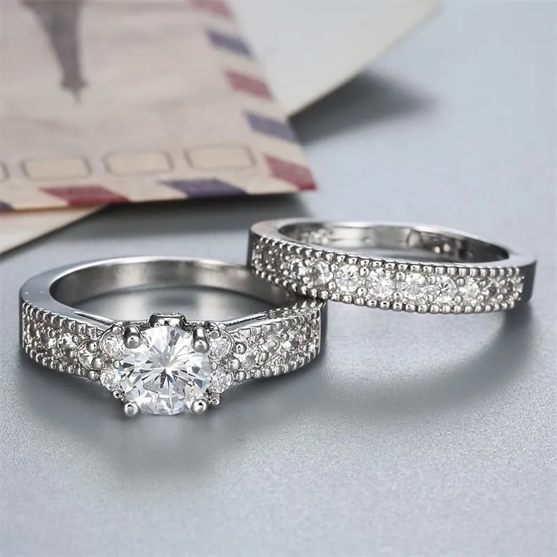 2pcs Silver CZ Engagement Rings for Her, Anniversary Bands