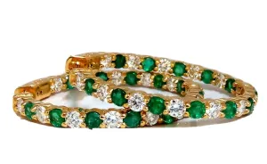 3.77ct natural emerald diamonds hoop earrings 14kt yellow gold inside out