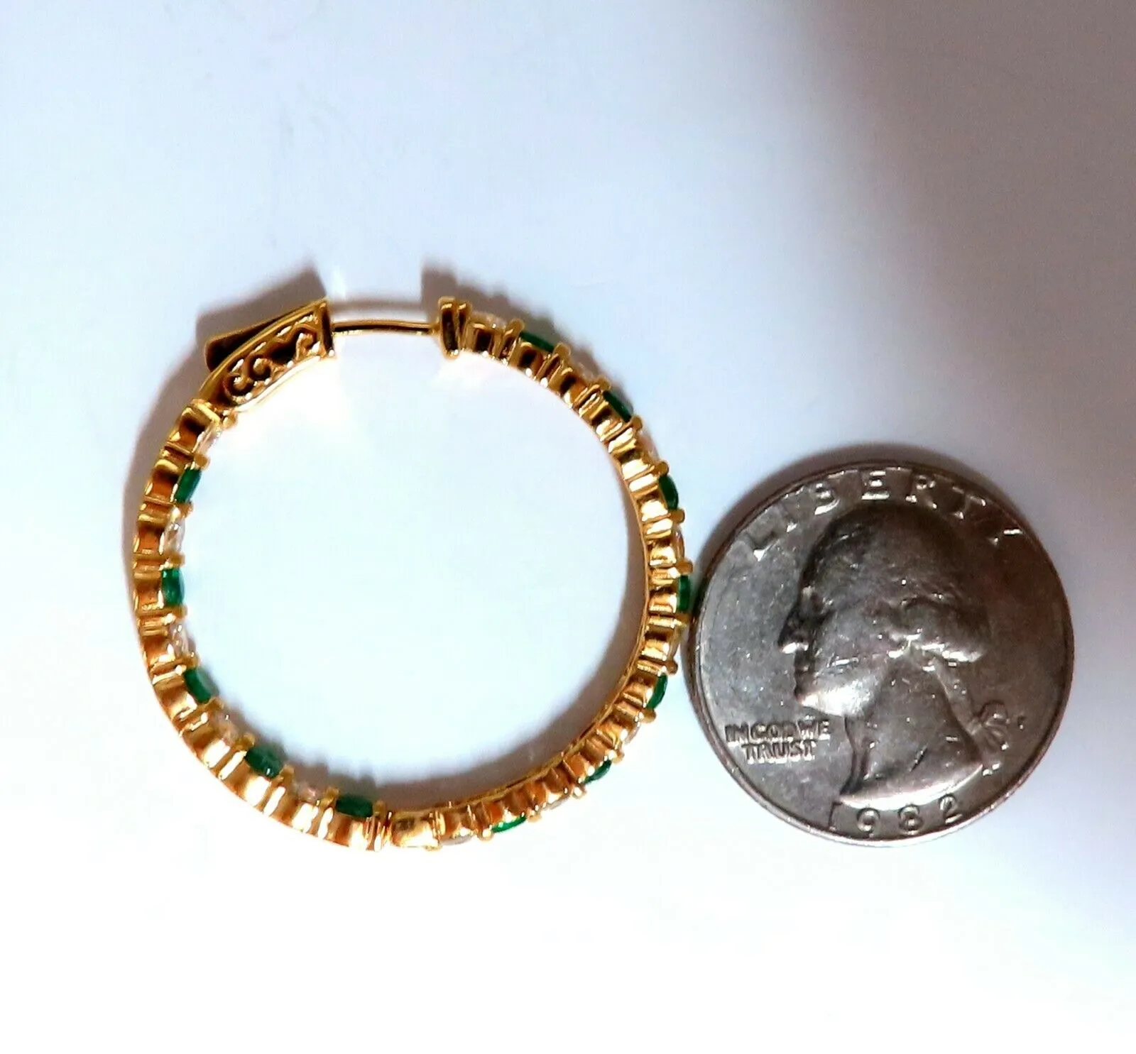 3.77ct natural emerald diamonds hoop earrings 14kt yellow gold inside out