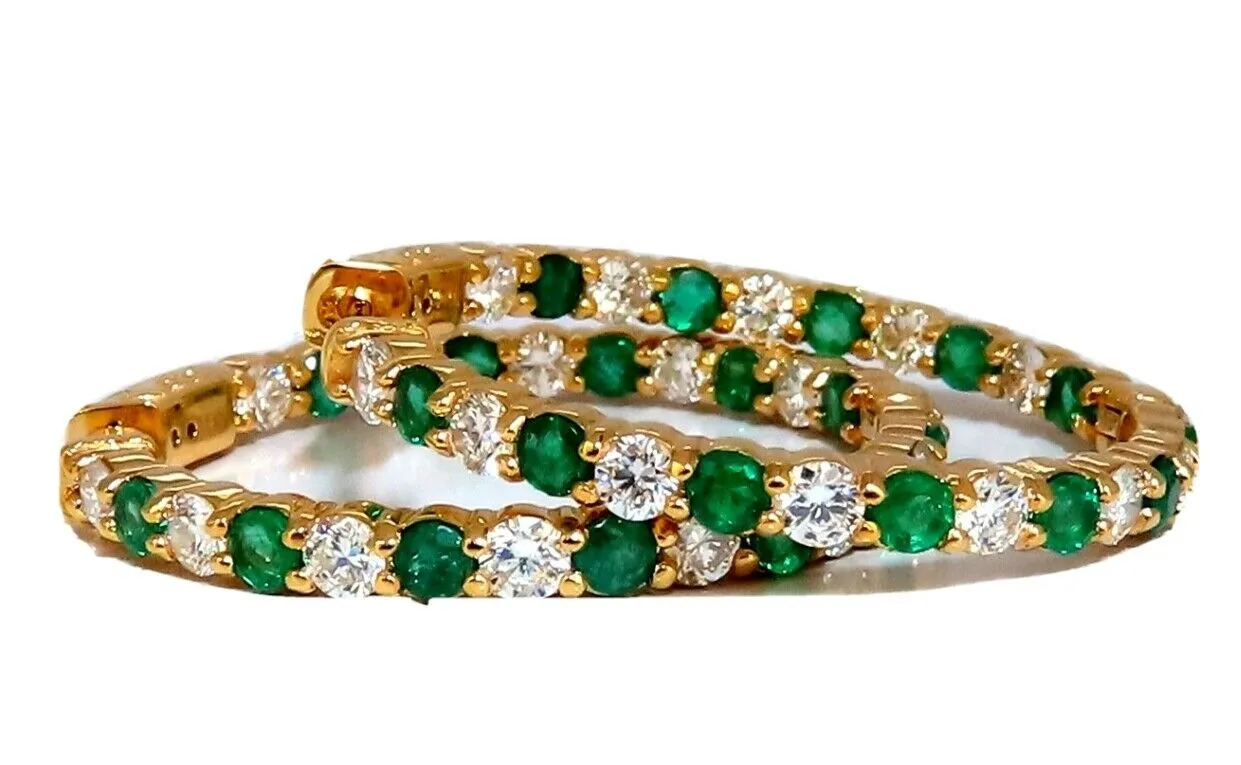 3.77ct natural emerald diamonds hoop earrings 14kt yellow gold inside out