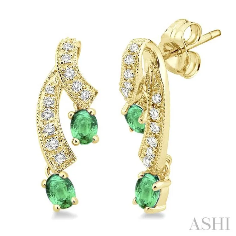4x3 MM Oval Cut Emerald and 1/5 ctw Round Cut Diamond Precious Earrings in 14K Yellow Gold