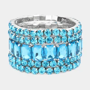 5 Pieces - Aqua Stone Stretch Multi Layered Pageant Bracelets | Prom Jewelry |  564241