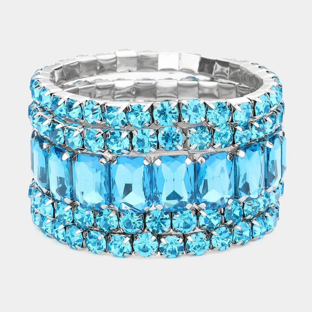 5 Pieces - Aqua Stone Stretch Multi Layered Pageant Bracelets | Prom Jewelry |  564241