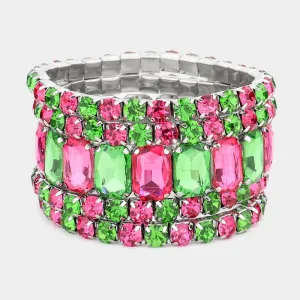 5 Pieces - Pink and Green Stone Stretch Multi Layered Pageant Bracelets | Prom Jewelry |  567938