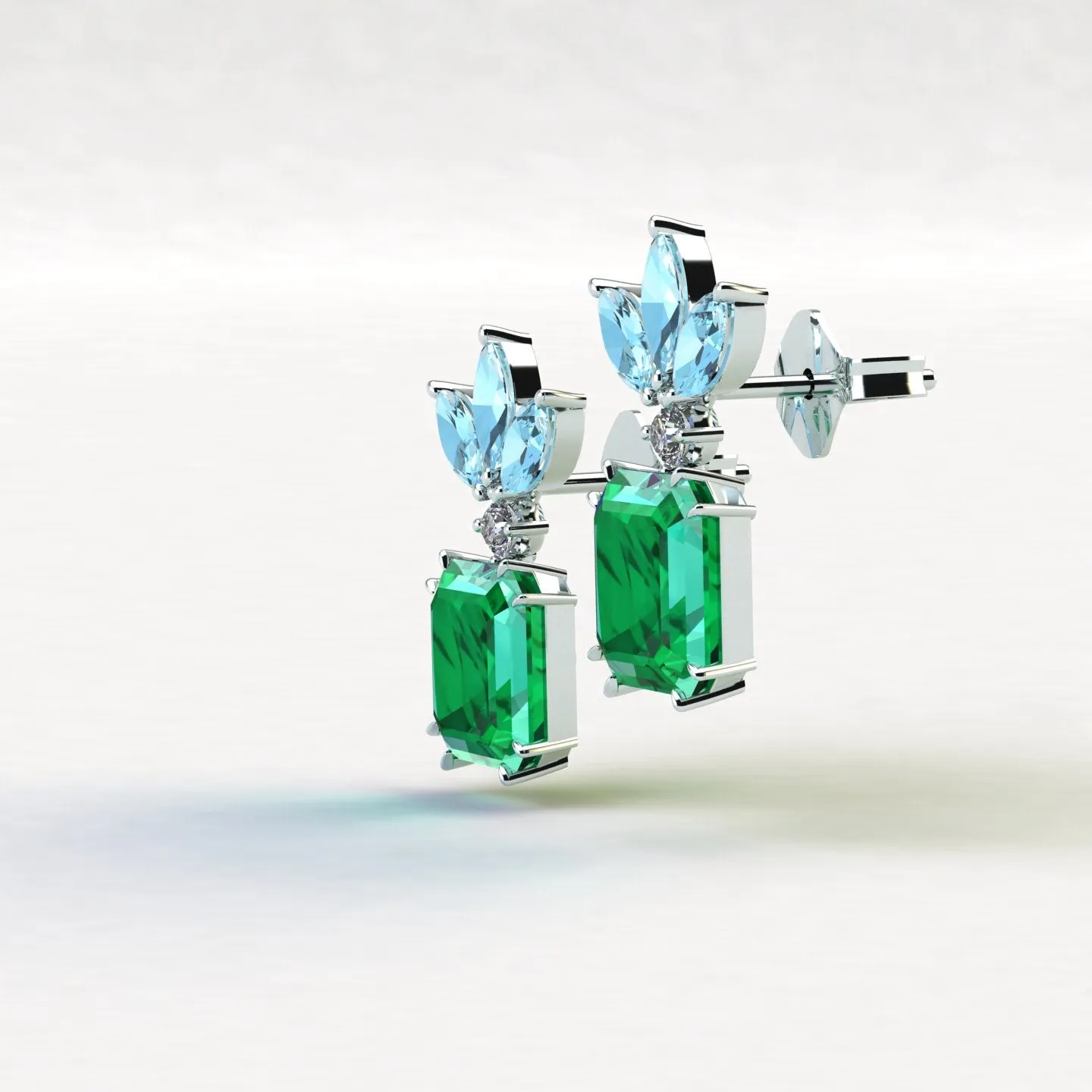 5.04 Carat Colombian Emeralds, Diamonds and Aquamarines Platinum earrings