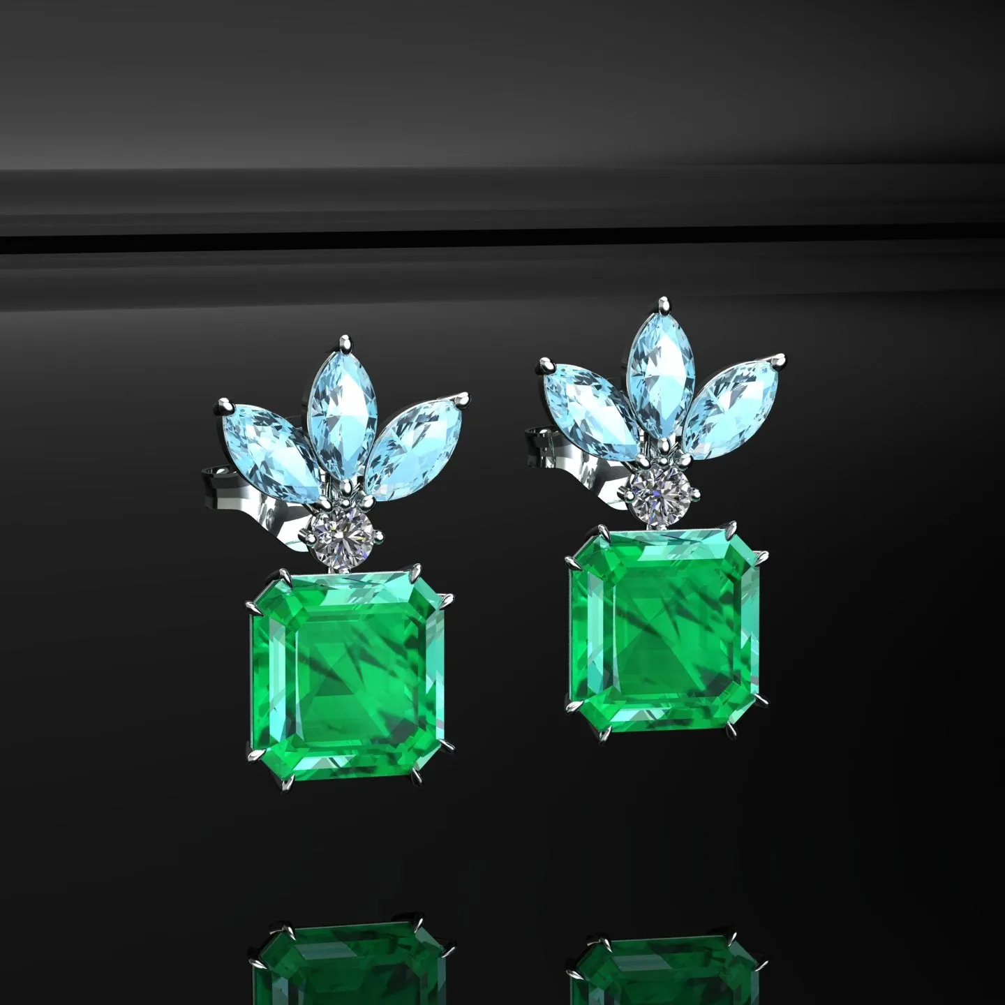 5.04 Carat Colombian Emeralds, Diamonds and Aquamarines Platinum earrings