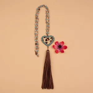 72737 - Beaded Leopard Heart Necklace - Amazonite