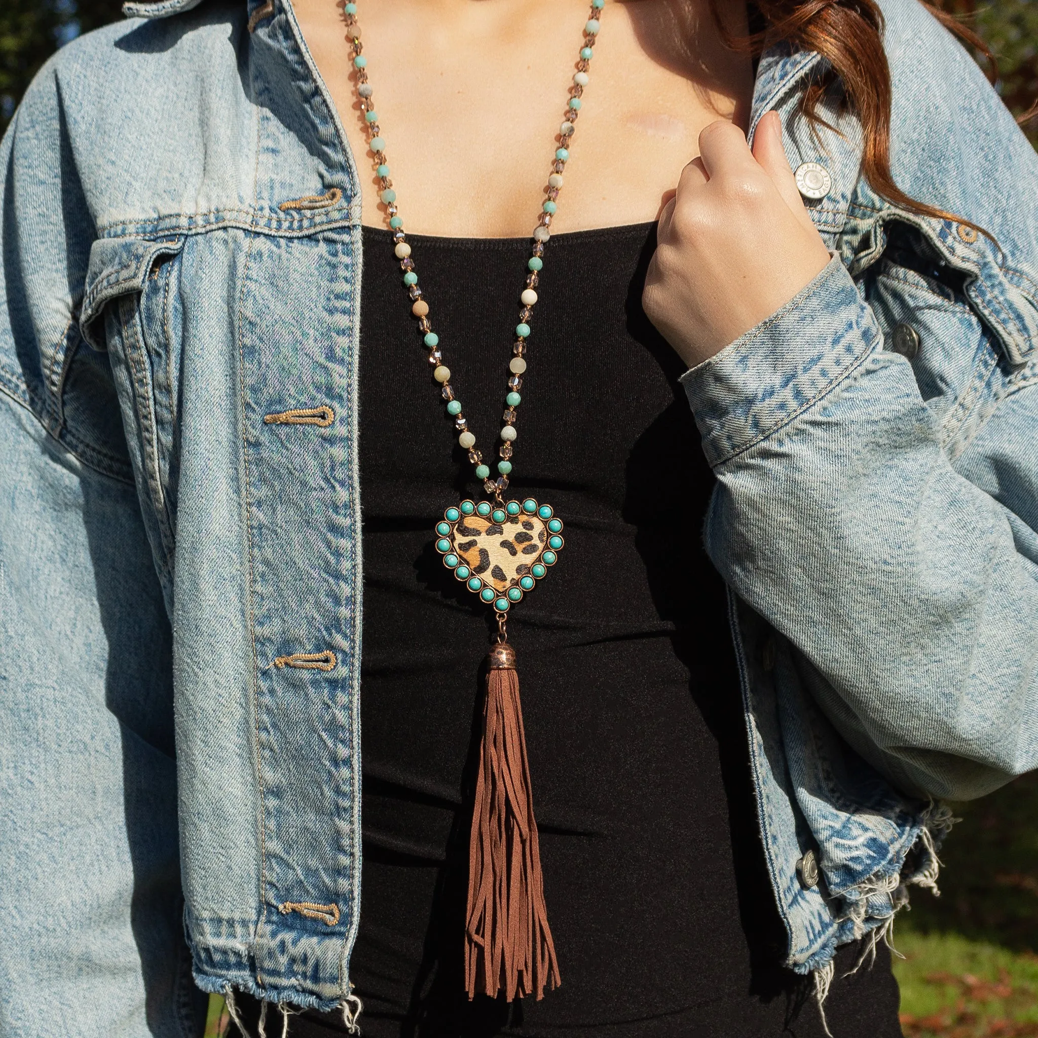72737 - Beaded Leopard Heart Necklace - Amazonite