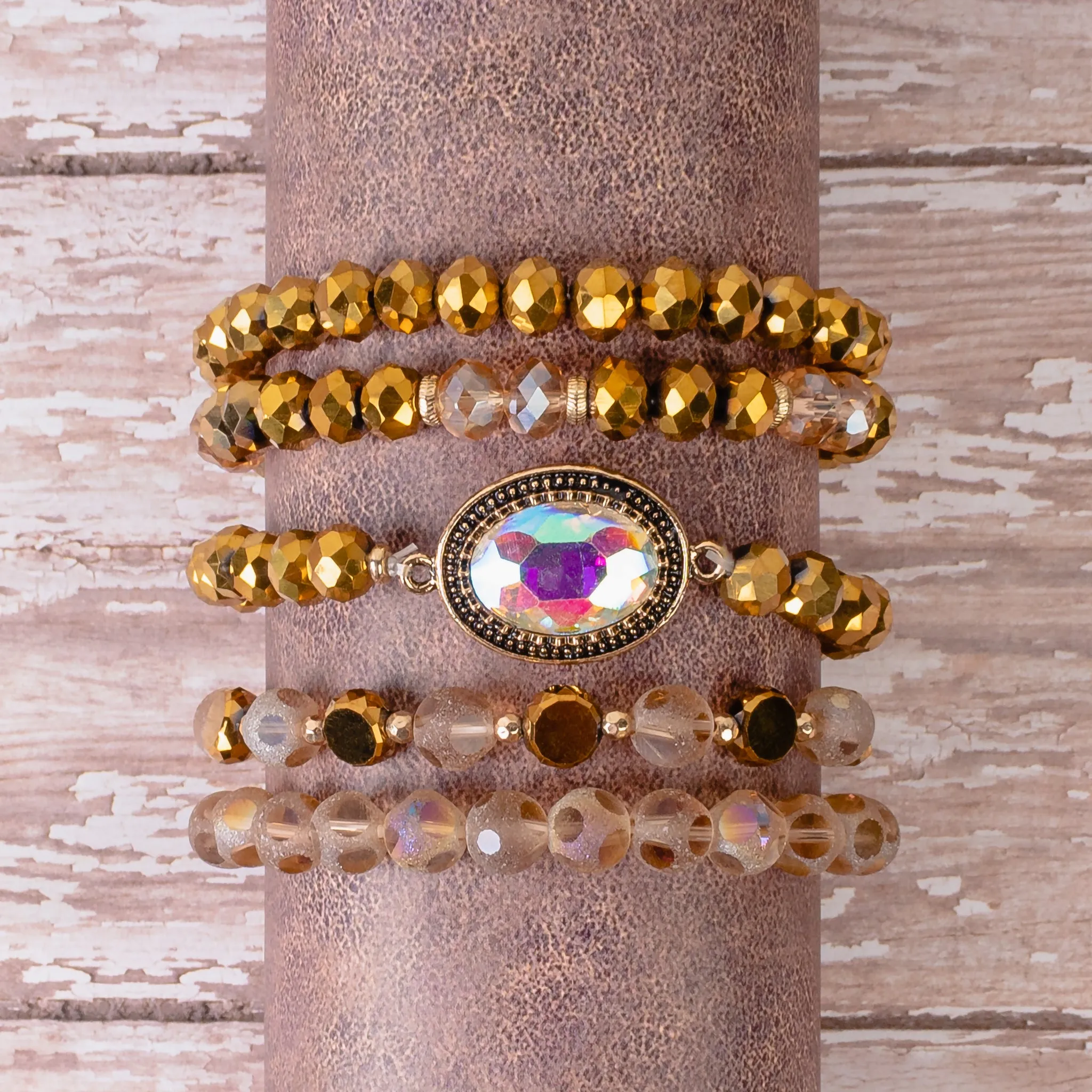 74730 - Crystal Beaded Stacked Bracelets - Gold