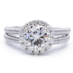 8.5mm Round Center 14K White Gold Diamond Halo & Twist Shank Ring