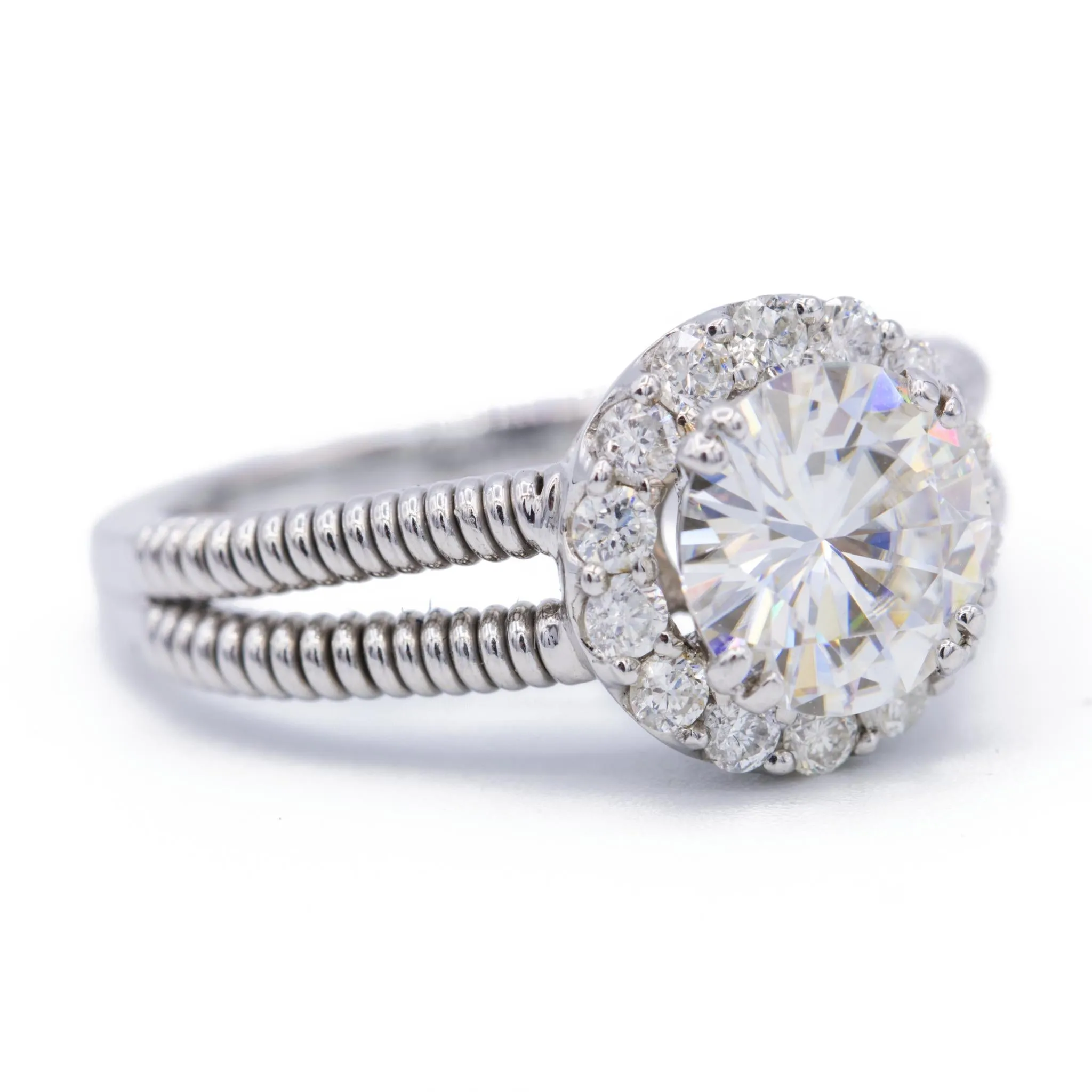 8.5mm Round Center 14K White Gold Diamond Halo & Twist Shank Ring