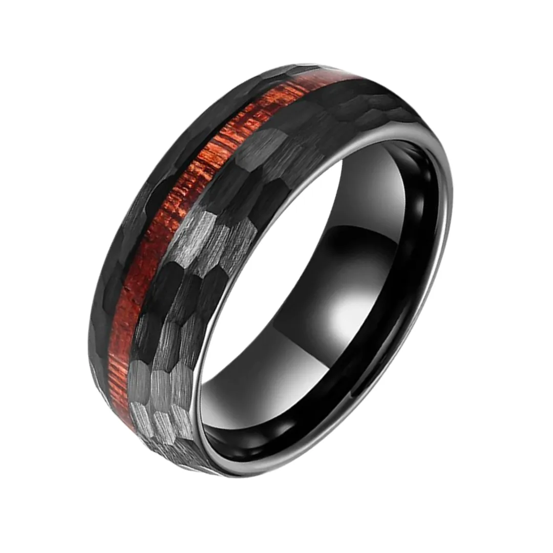 8mm Grooved Hammered Black Tungsten Carbide Men's Rings with Wood Inlay
