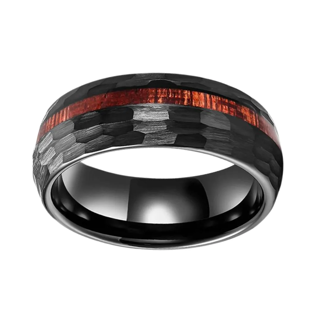 8mm Grooved Hammered Black Tungsten Carbide Men's Rings with Wood Inlay