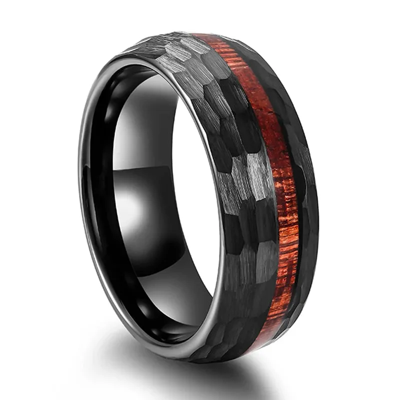 8mm Grooved Hammered Black Tungsten Carbide Men's Rings with Wood Inlay