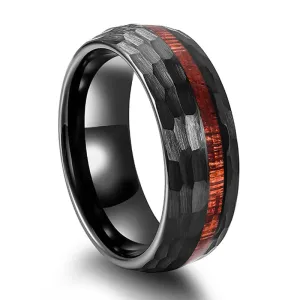 8mm Grooved Hammered Black Tungsten Carbide Men's Rings with Wood Inlay