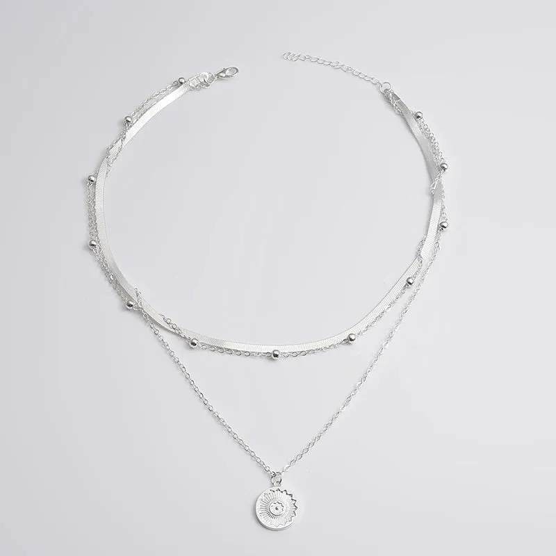 925 Silver Triple-Layer Round Necklace Snake Chain Ball Chain