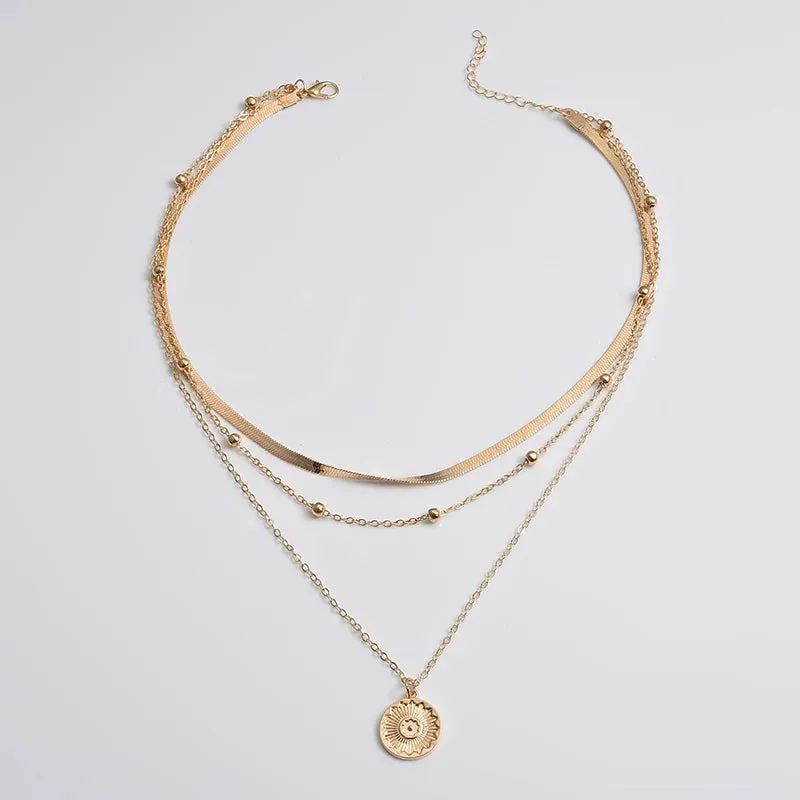 925 Silver Triple-Layer Round Necklace Snake Chain Ball Chain