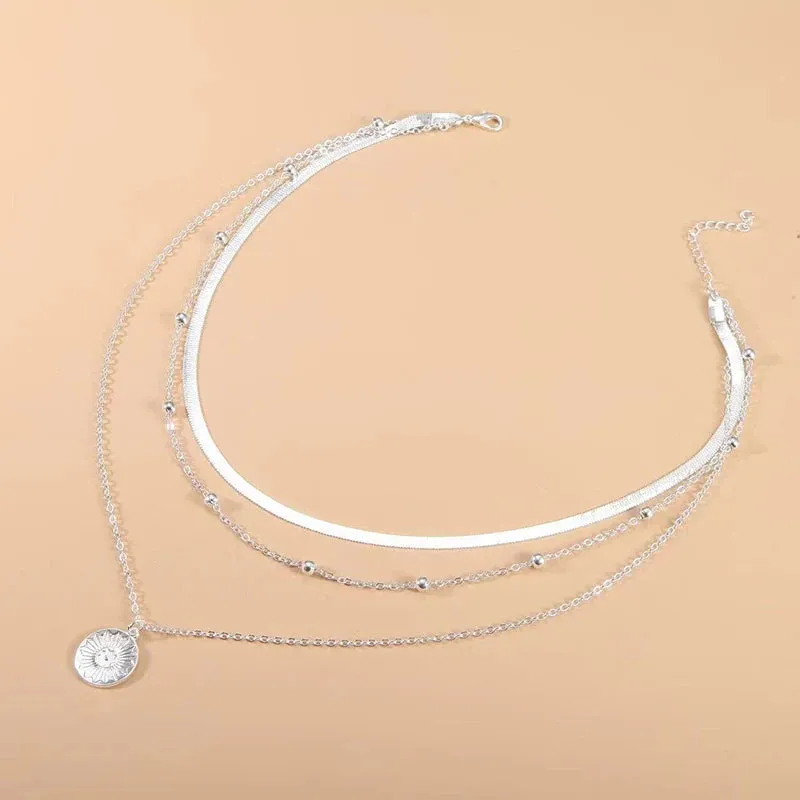 925 Silver Triple-Layer Round Necklace Snake Chain Ball Chain