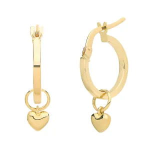 9ct Gold Heart Charm Hoop Earrings