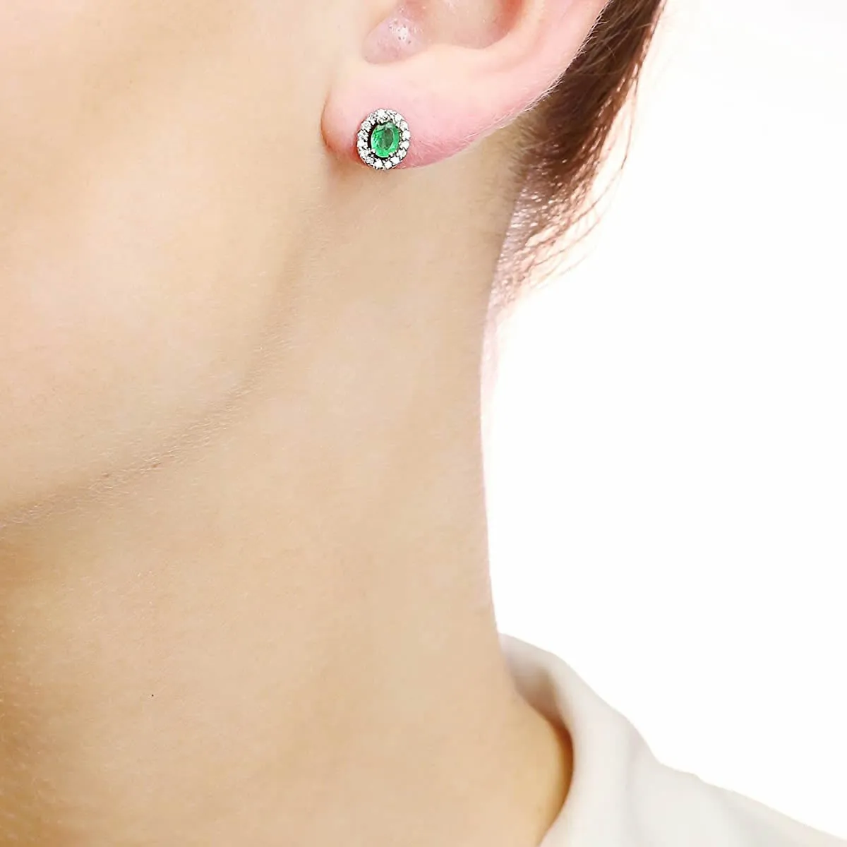 9ct White Gold Emerald & Diamond Halo Earrings